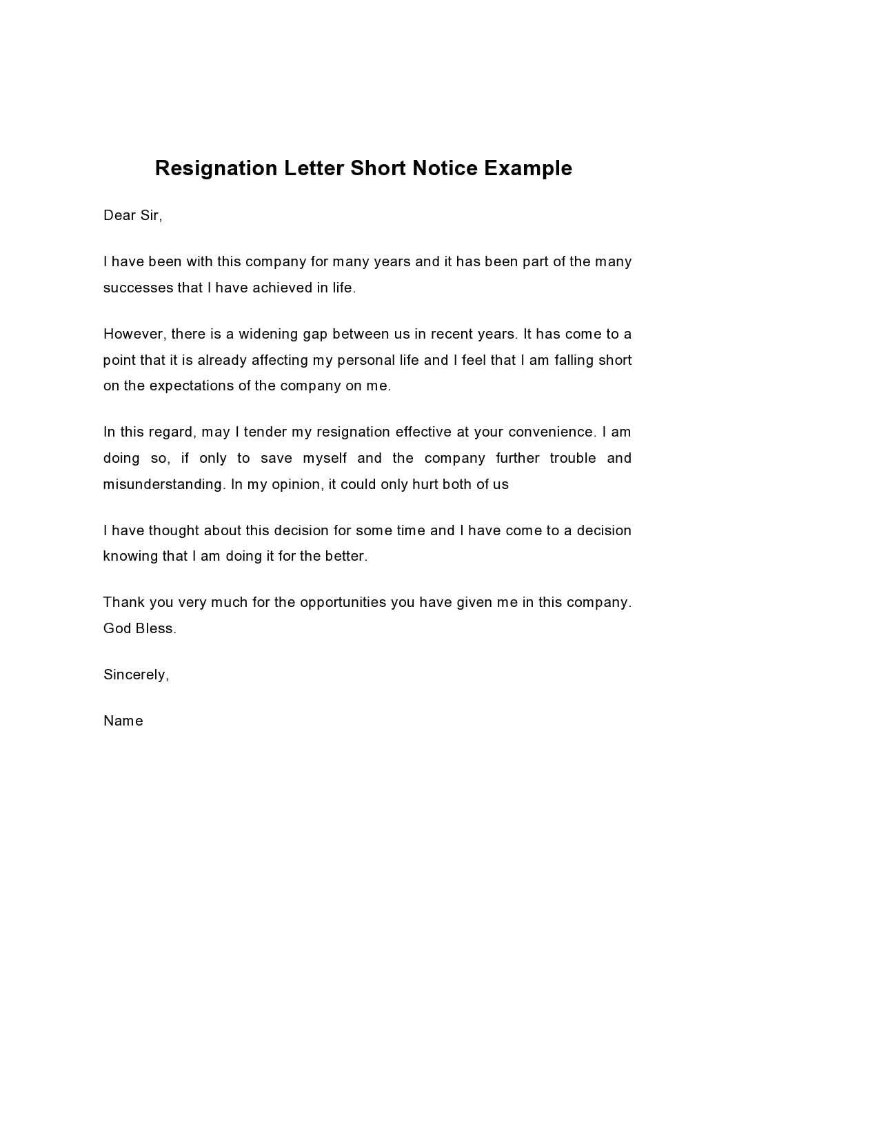 Short Letter Of Resignation Sample