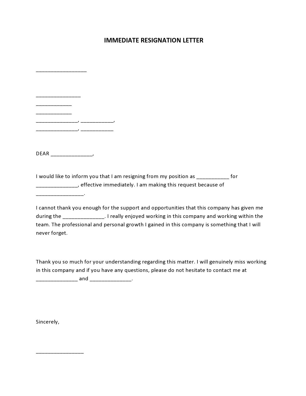 Resignation Letter Immediate Notice