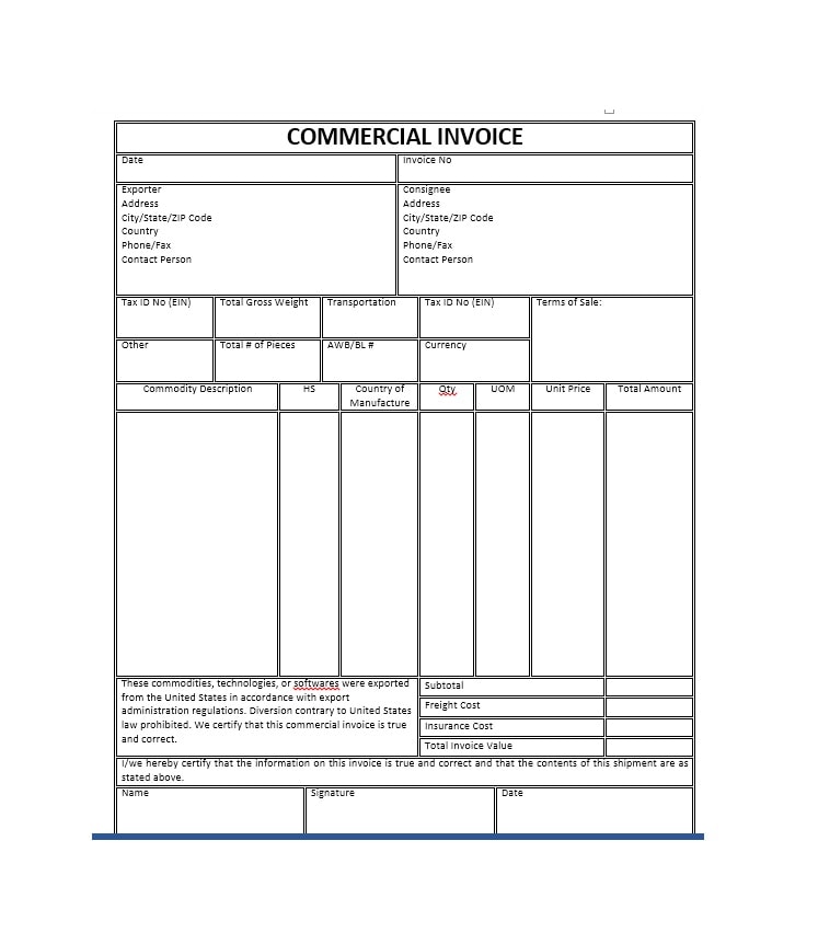 44 Blank Commercial Invoice Templates [PDF, Word] TemplateArchive