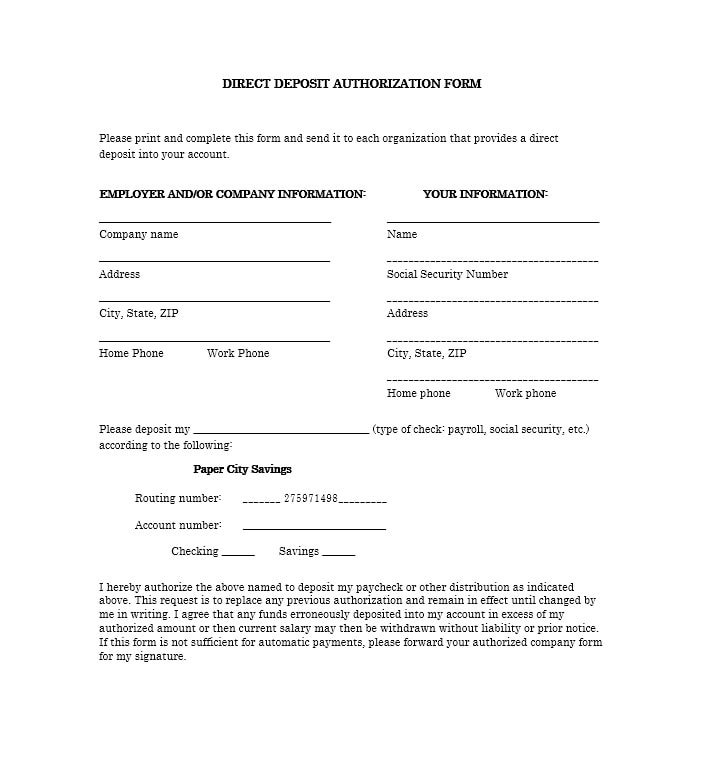Authorization For Direct Deposit Template