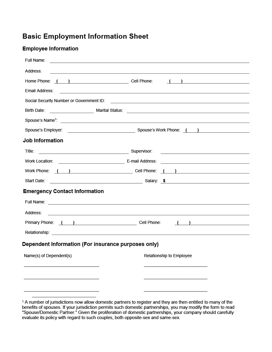 47 Printable Employee Information Forms (Personnel Information Sheets)