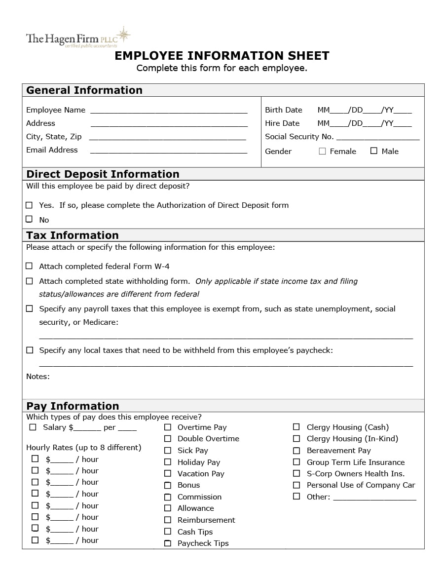 47 Printable Employee Information Forms Personnel Information Sheets 4075