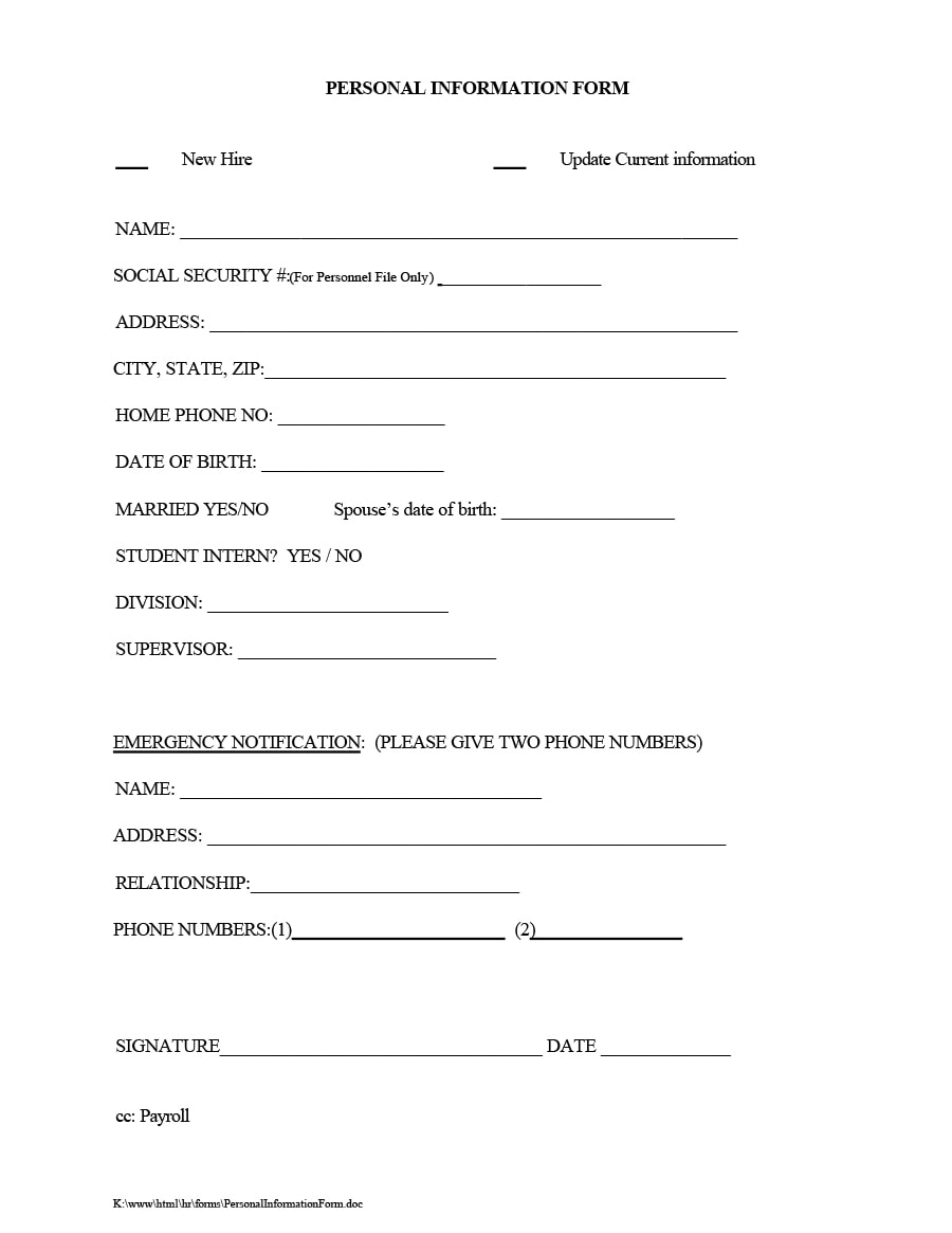 personal information form for employees