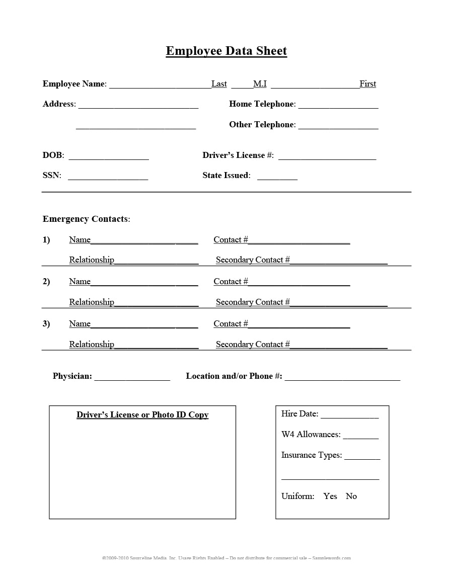 47 Printable Employee Information Forms Personnel Information Sheets 4272