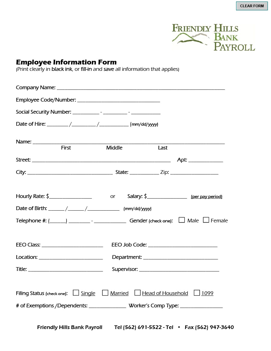 Basic Template Printable Employee Information Form Printable Forms