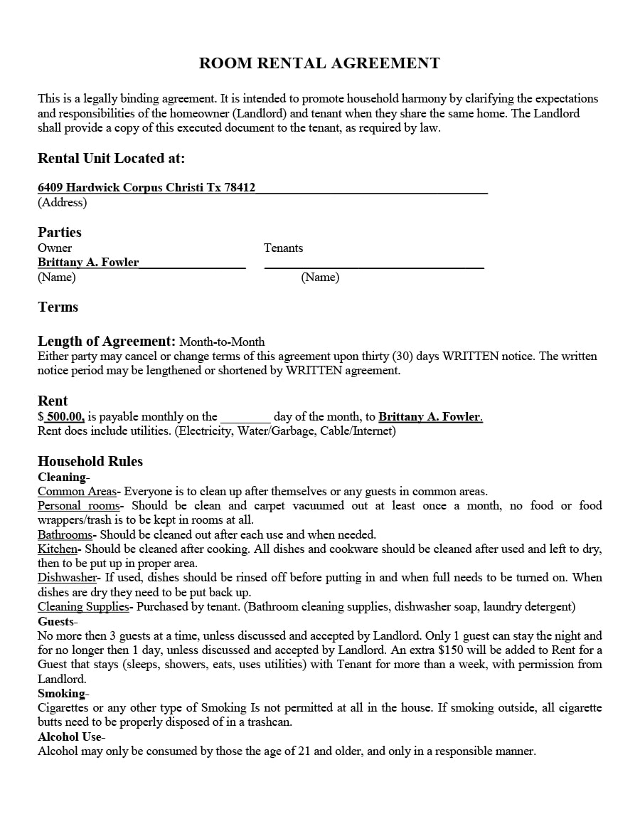How To Write A Rental Agreement For A Room Printable Form Templates 