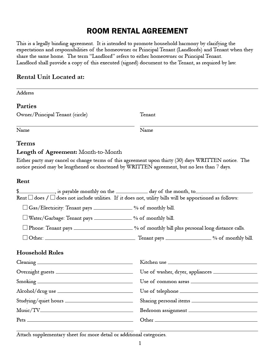 Free Printable Basic Room Rental Agreement