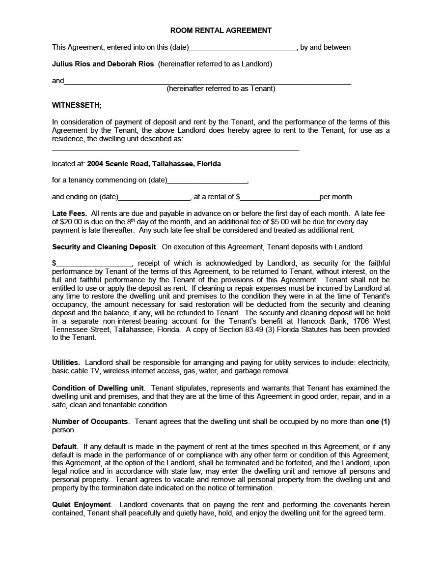 Bedroom Rental Agreement Template