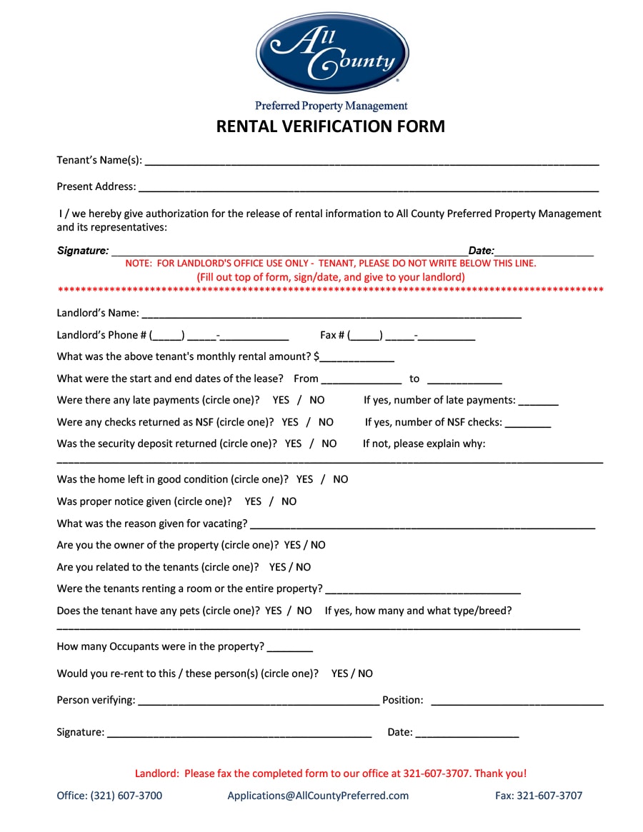 29 Rental Verification Forms For Landlord Or Tenant Template