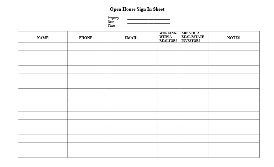 Free Printable Open House Sign In Sheet Pdf Free Download