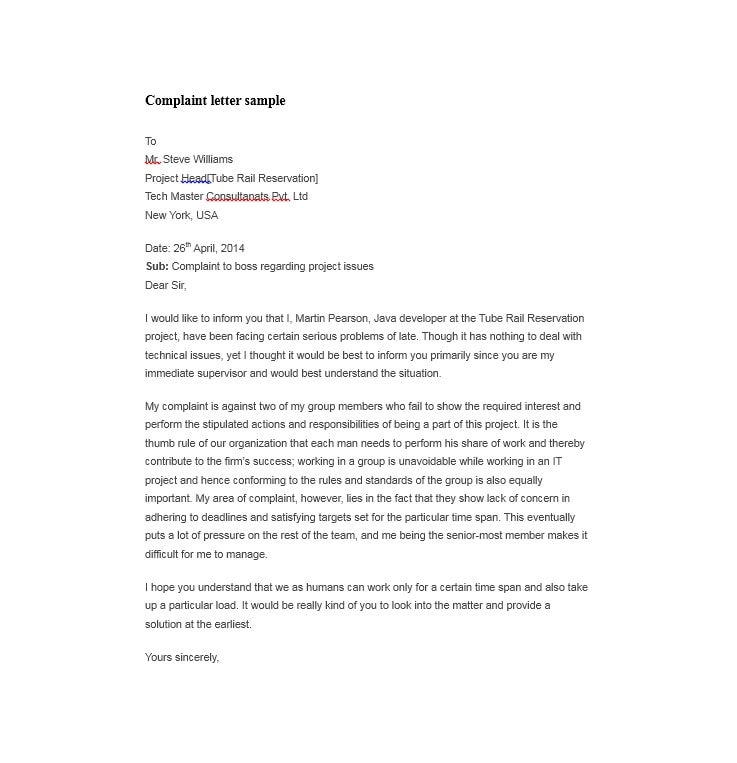 complaint letter example