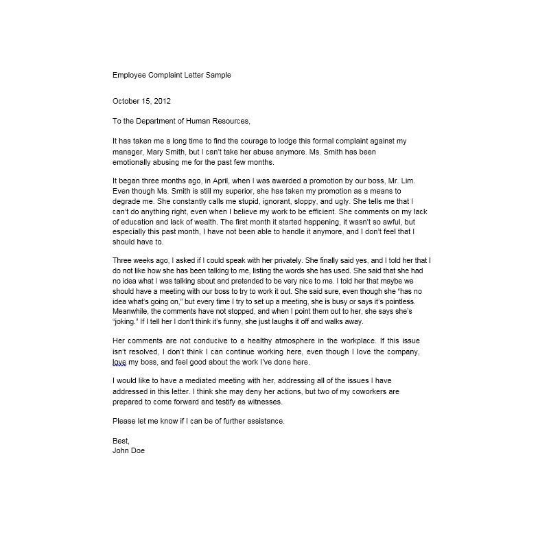 Bullying Harassment Complaint Letter Example bullying
