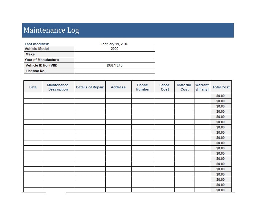 40 Equipment Maintenance Log Templates Template Archive