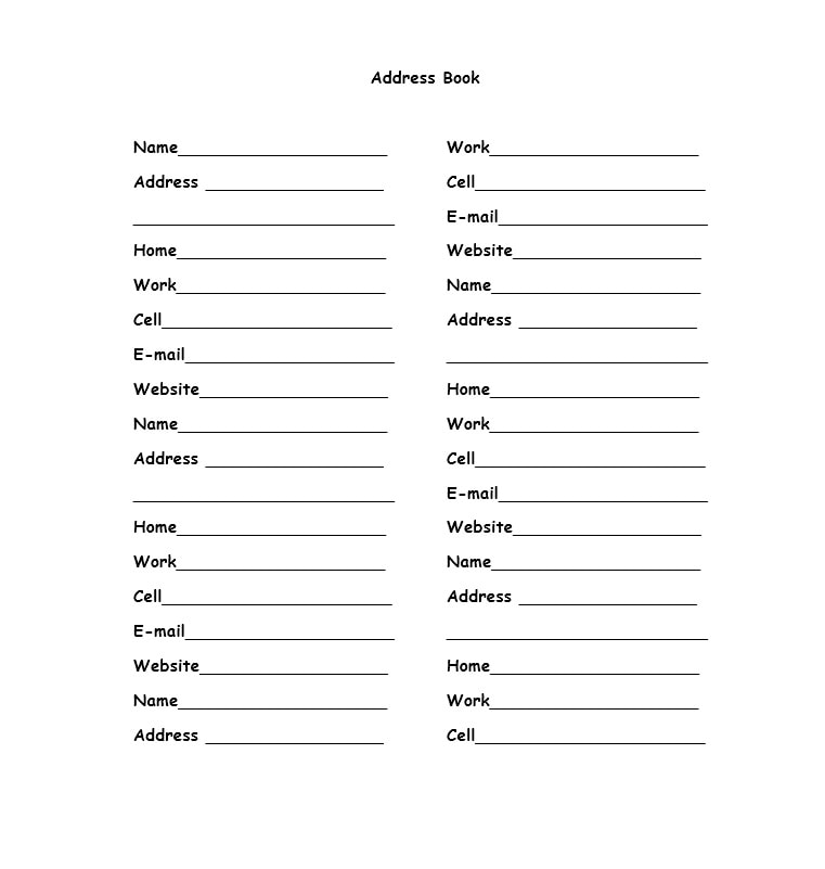address book template printable