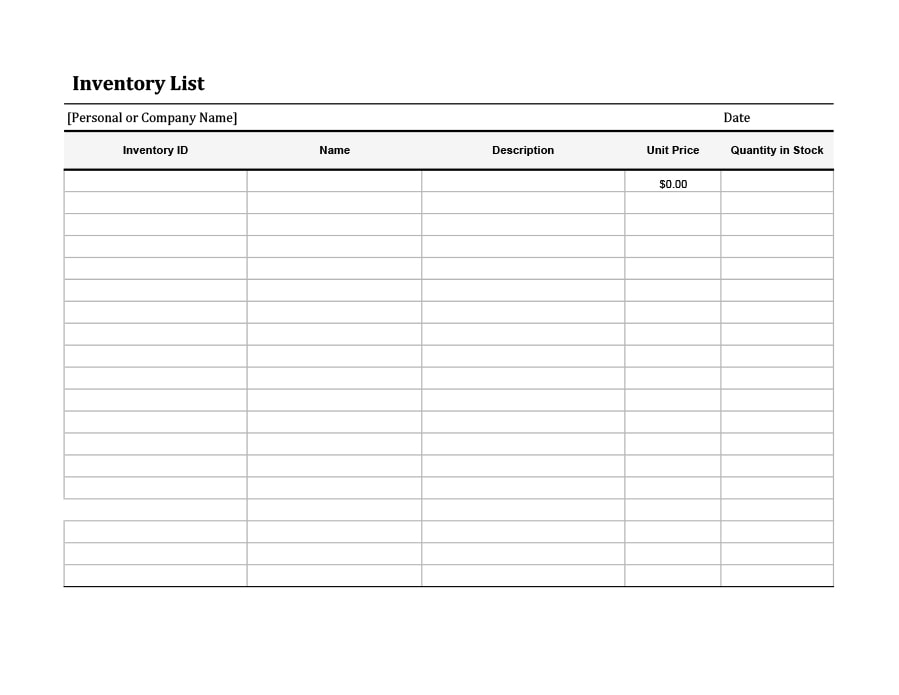 blank inventory list