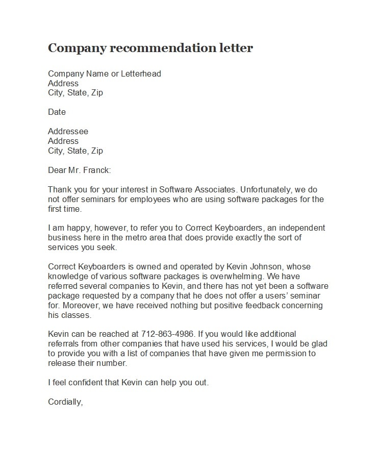 Recommendation Letter For Business from templatearchive.com