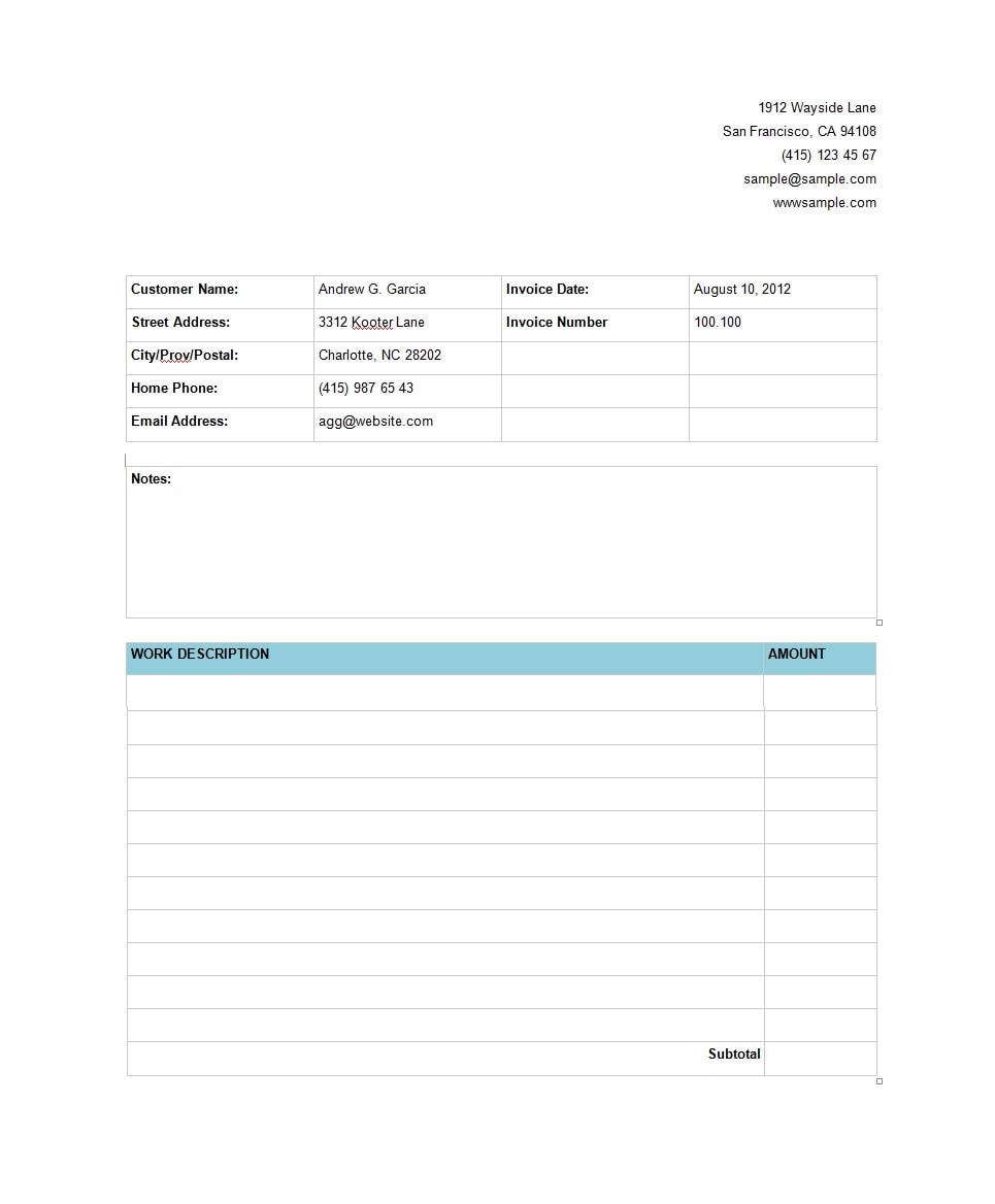 example of invoices for services rendered