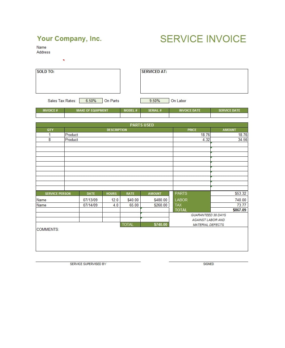 printable service invoice template