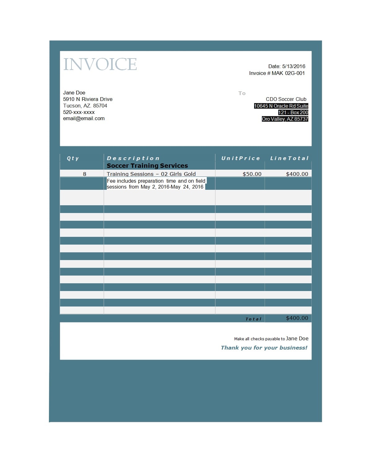 printable service invoice template