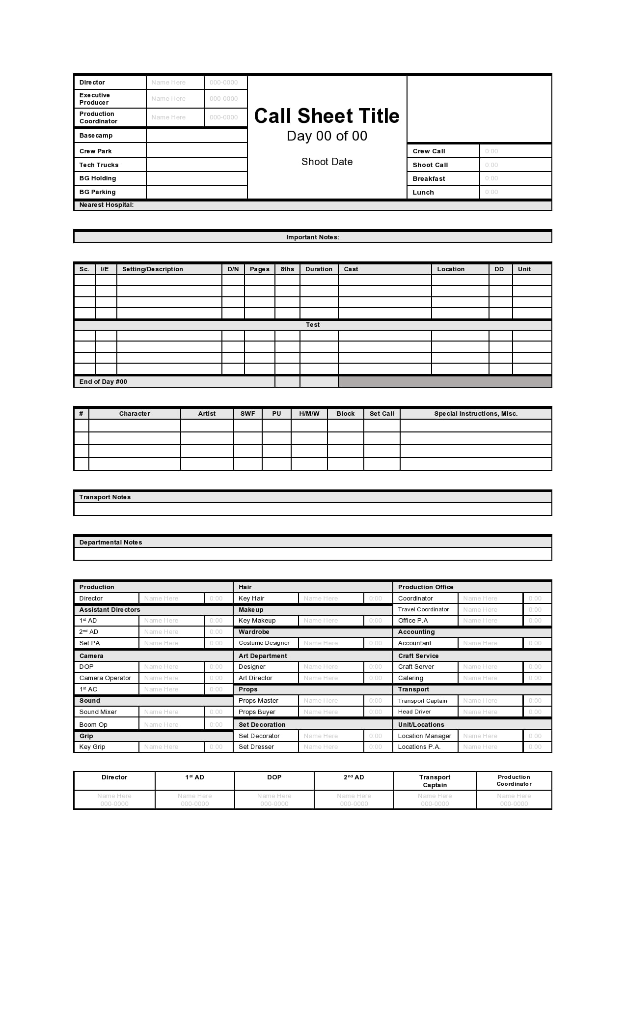 Film Call Sheet Template Google Docs