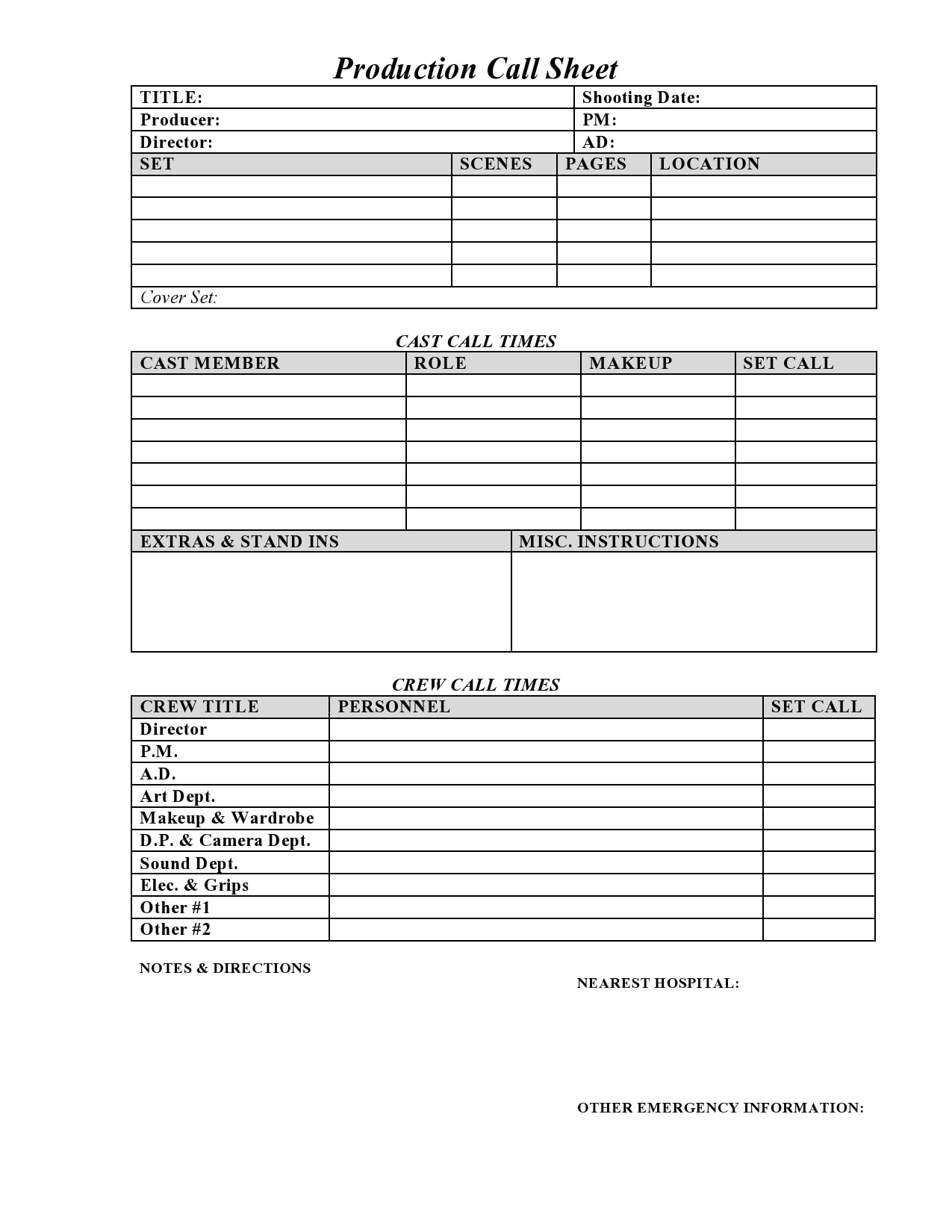 Blank Call Sheet Template