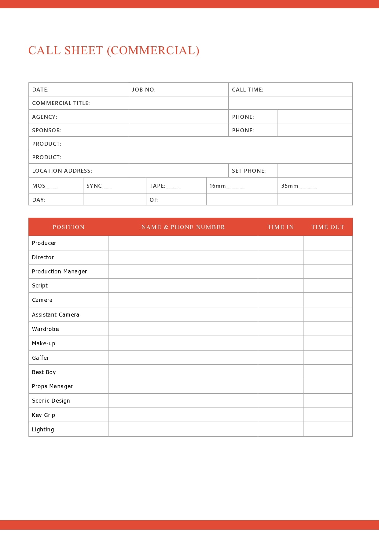 21 Free Call Sheet Templates - Beverly Boy Productions Throughout Blank Call Sheet Template