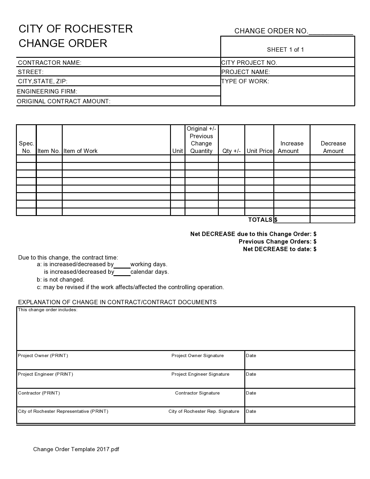 Change Order Template Excel Free Printable Templates