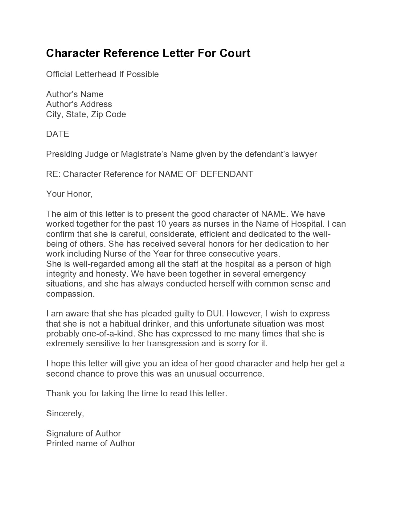 Character Letter To Judge Example Character Reference Letter For