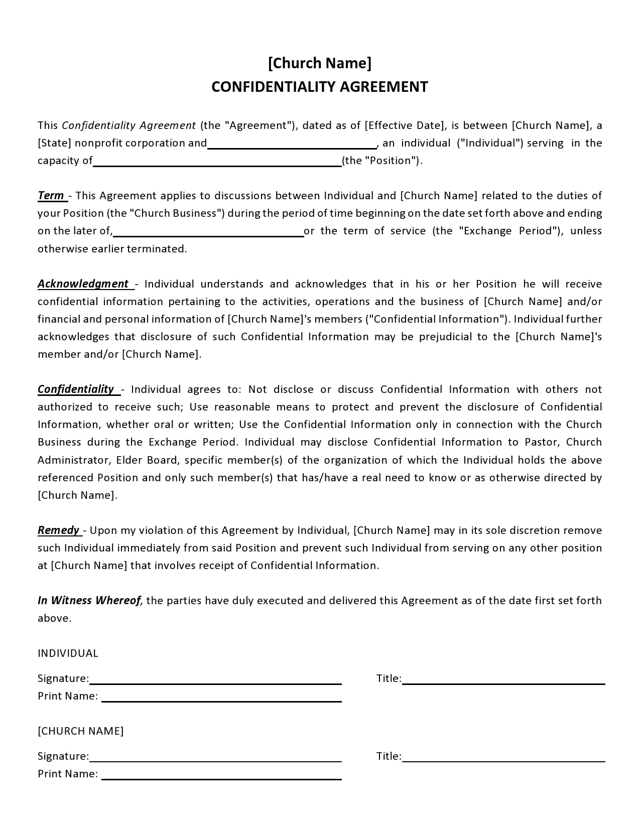 Printable Simple Confidentiality Agreement Template Word