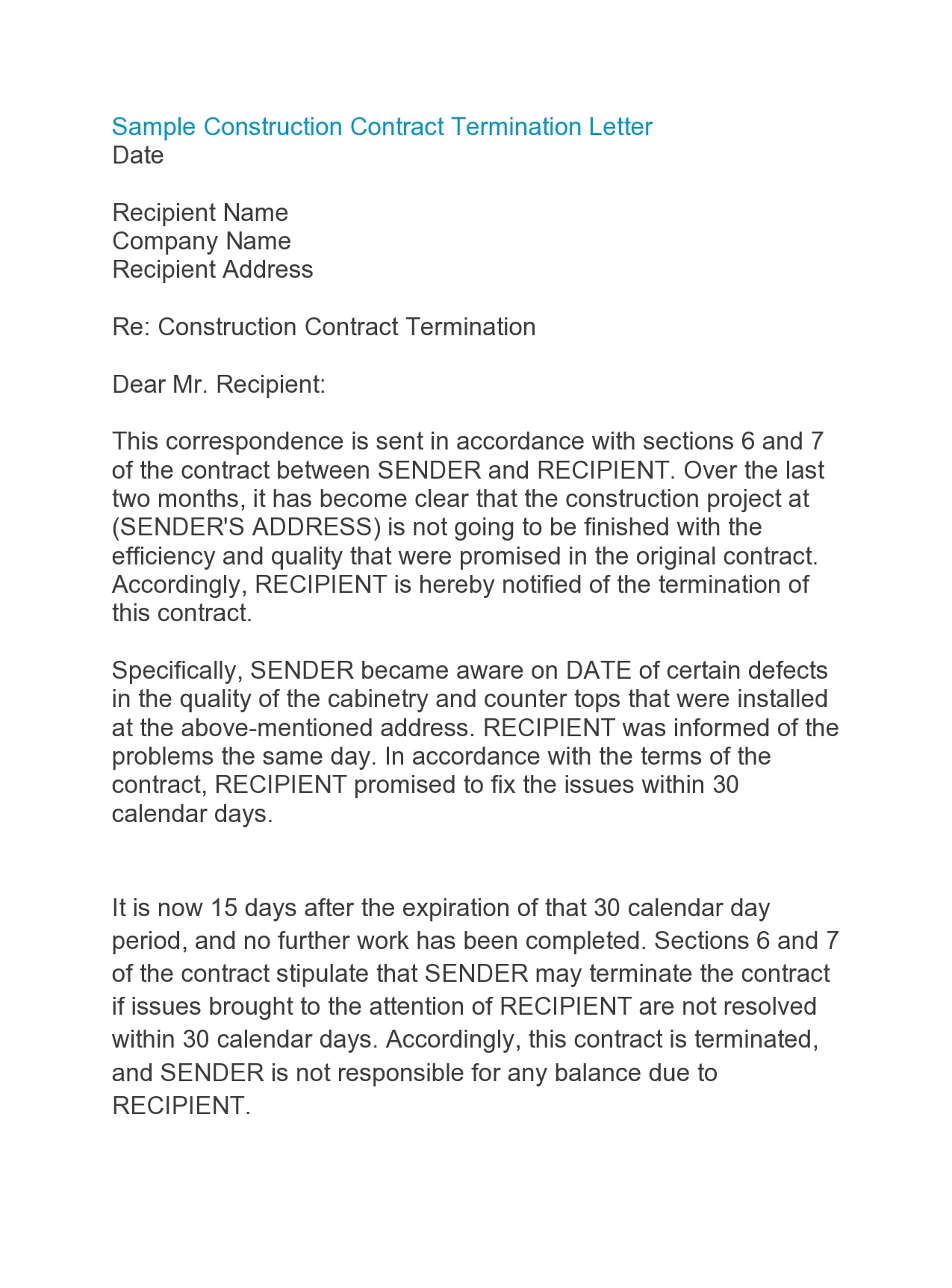 Breach Of Contract Termination Letter For Your Needs Letter Template