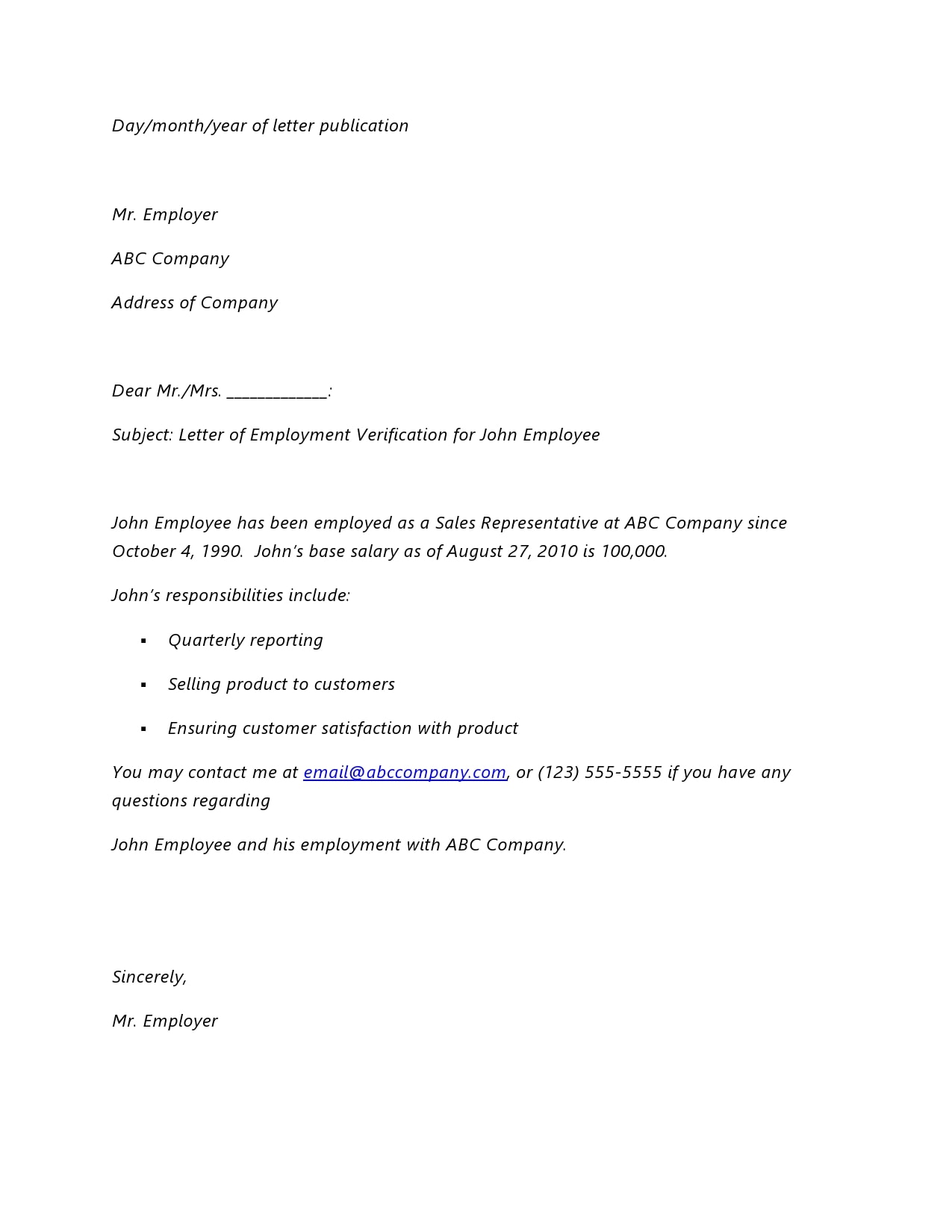 Employment Verification Letter Template Word