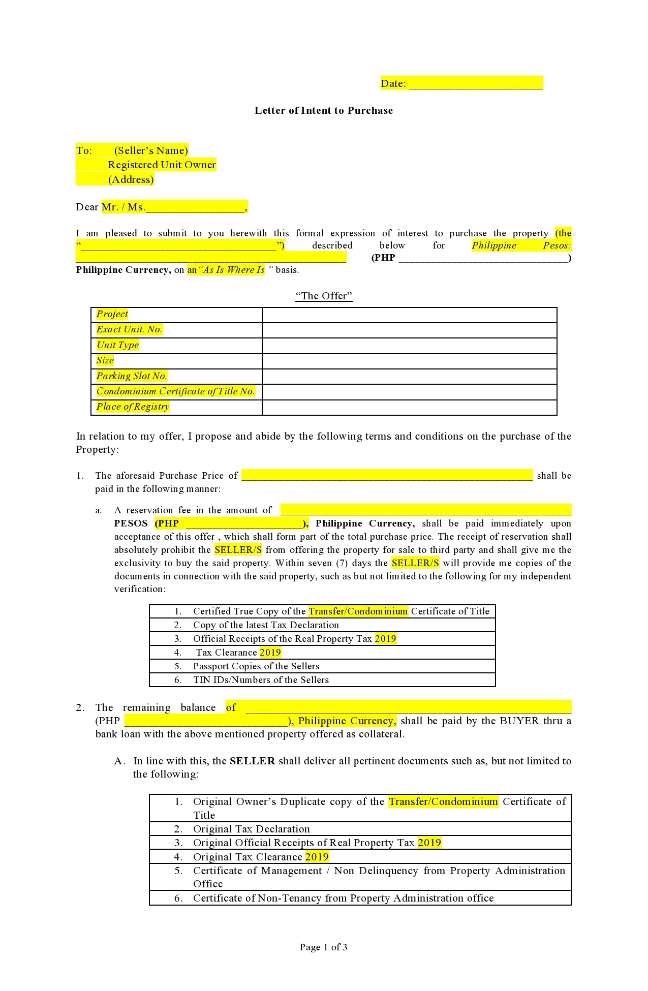 49 Free Letters Of Intent To Purchase Real Estate Business Land