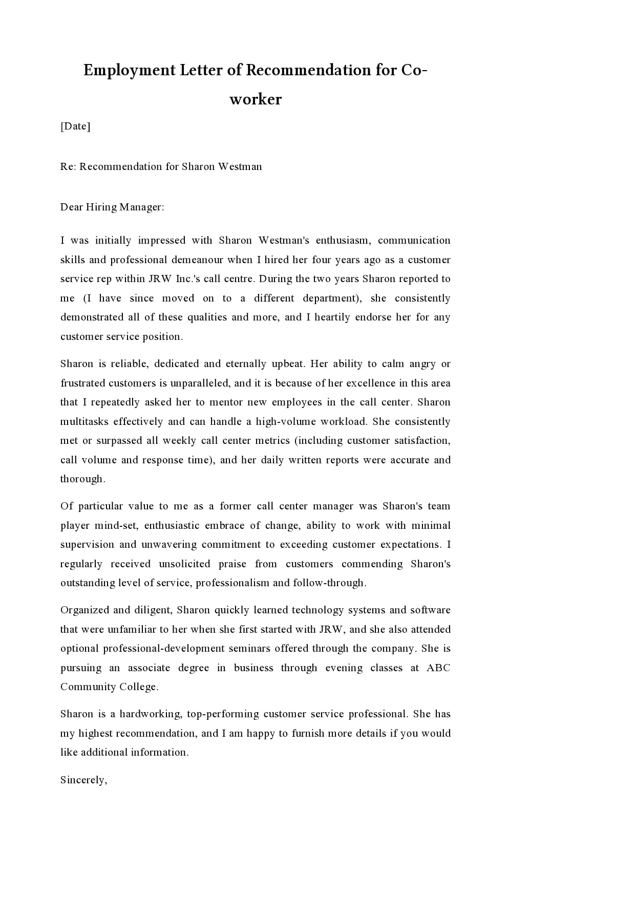 Recommendation Letter Sample For Employee from templatearchive.com