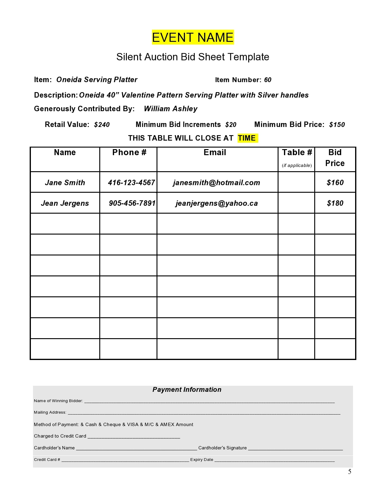 20 Silent Auction Bid Sheet Templates [Free] - TemplateArchive For Auction Bid Cards Template