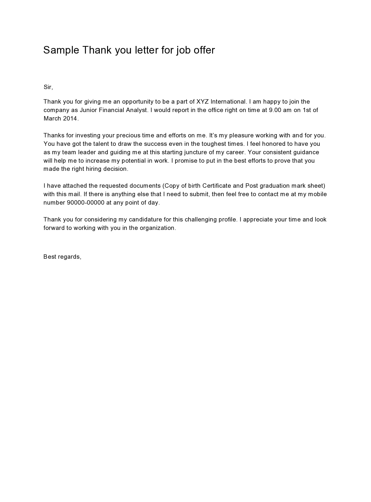 Job Offer Thank You Letter Template