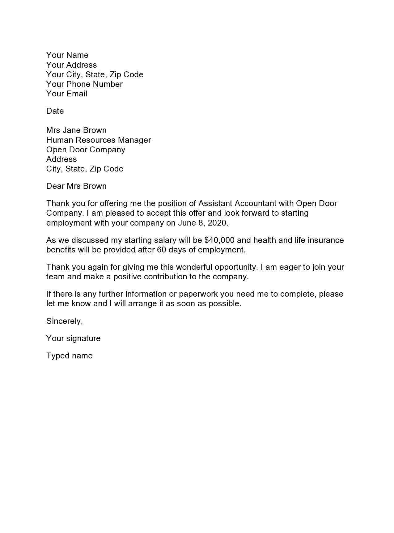 Thank you letter to accept job offer