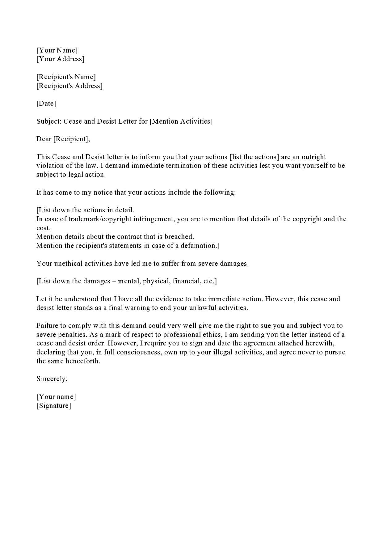 Free Cease And Desist Letter Template