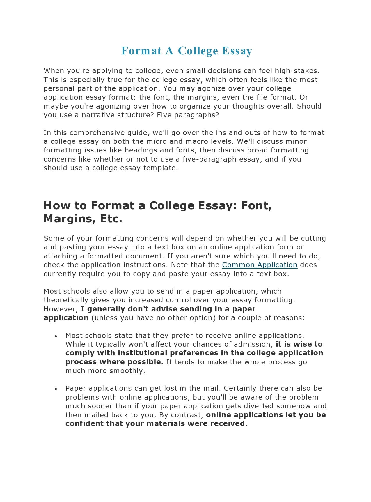 what's the format for a college essay
