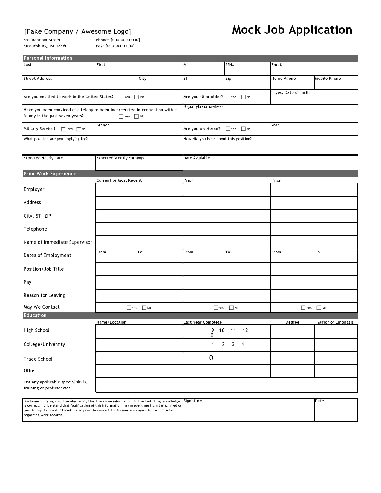 Simple Employment Application Template