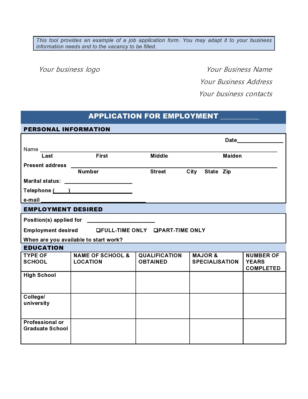 20 Basic Employment Application Templates [Free] For Job Application Template Word Document