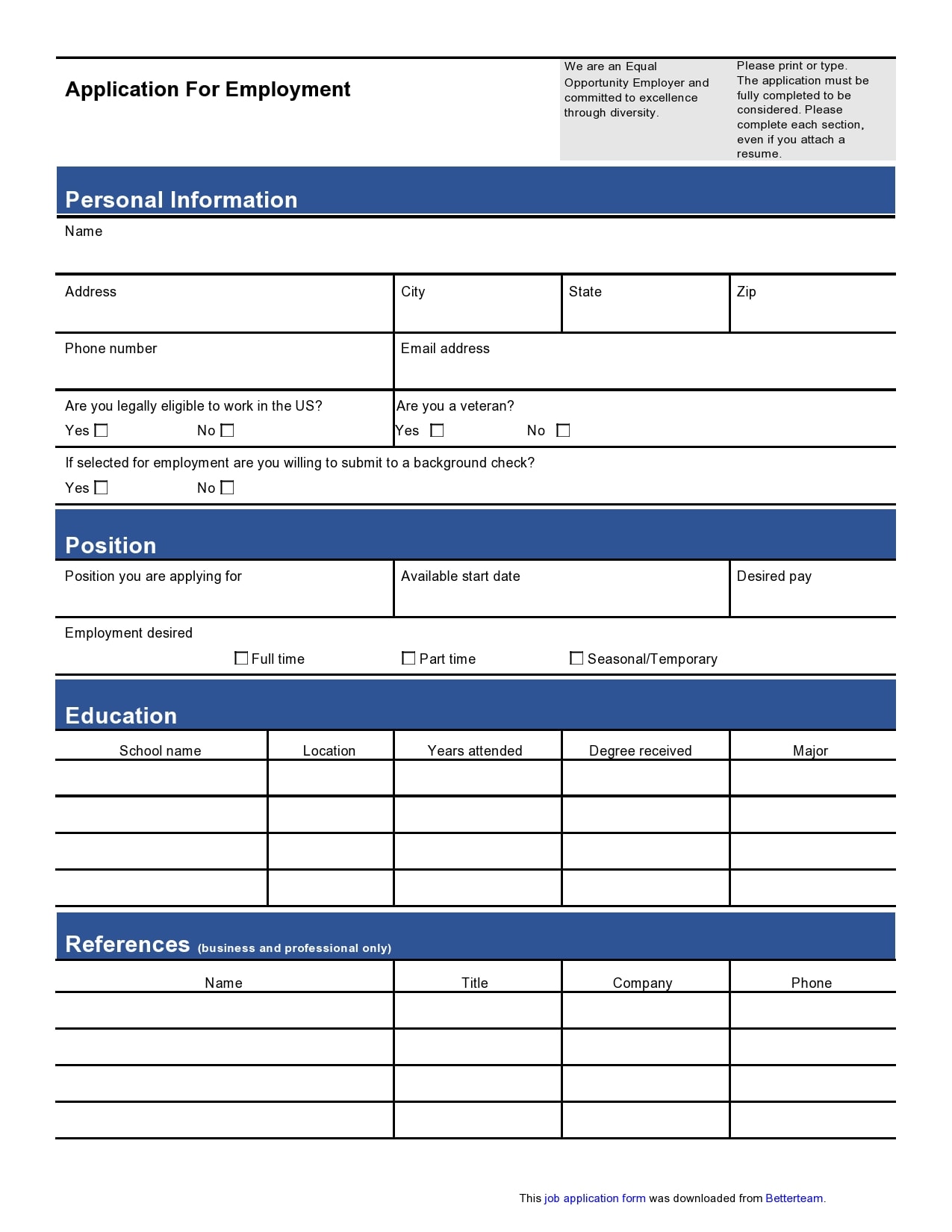 Free Employment Application Printable Forms Printable Forms Free Online