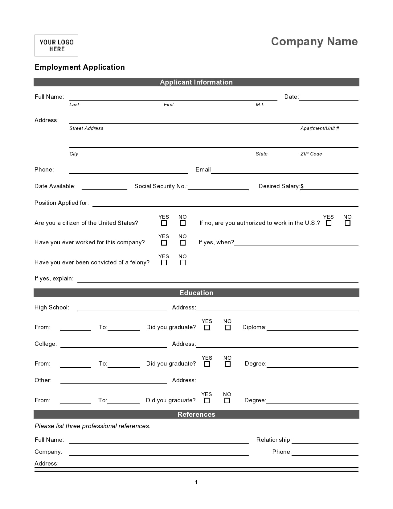 20 Basic Employment Application Templates [Free] Within Job Application Template Word Document