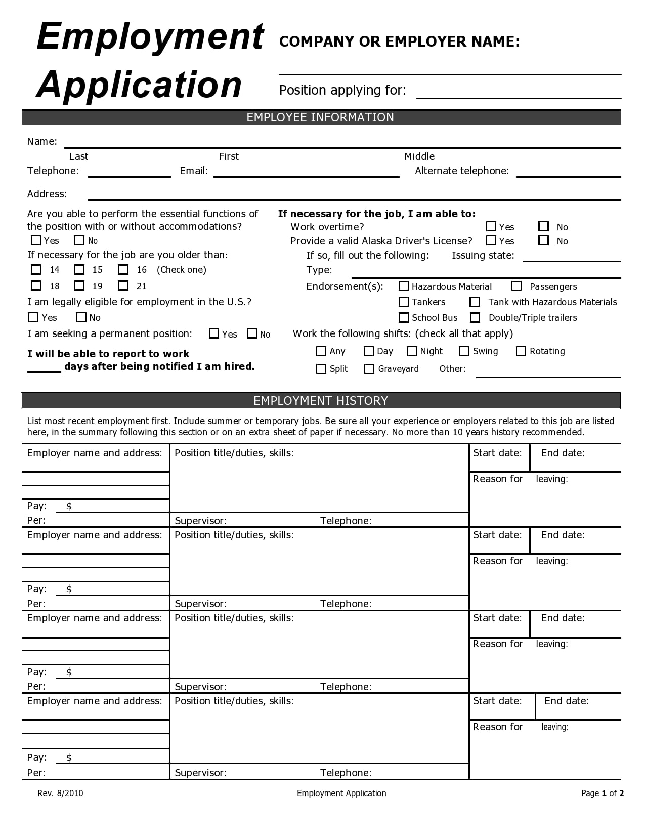 23 Basic Employment Application Templates [Free] Regarding Employment Application Template Microsoft Word