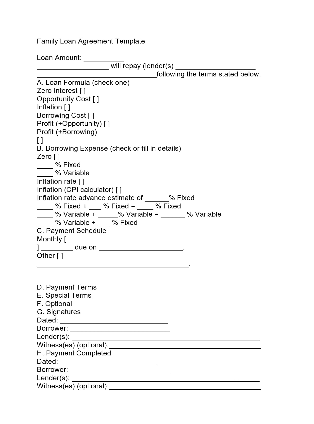 Printable Family Loan Agreement Template
