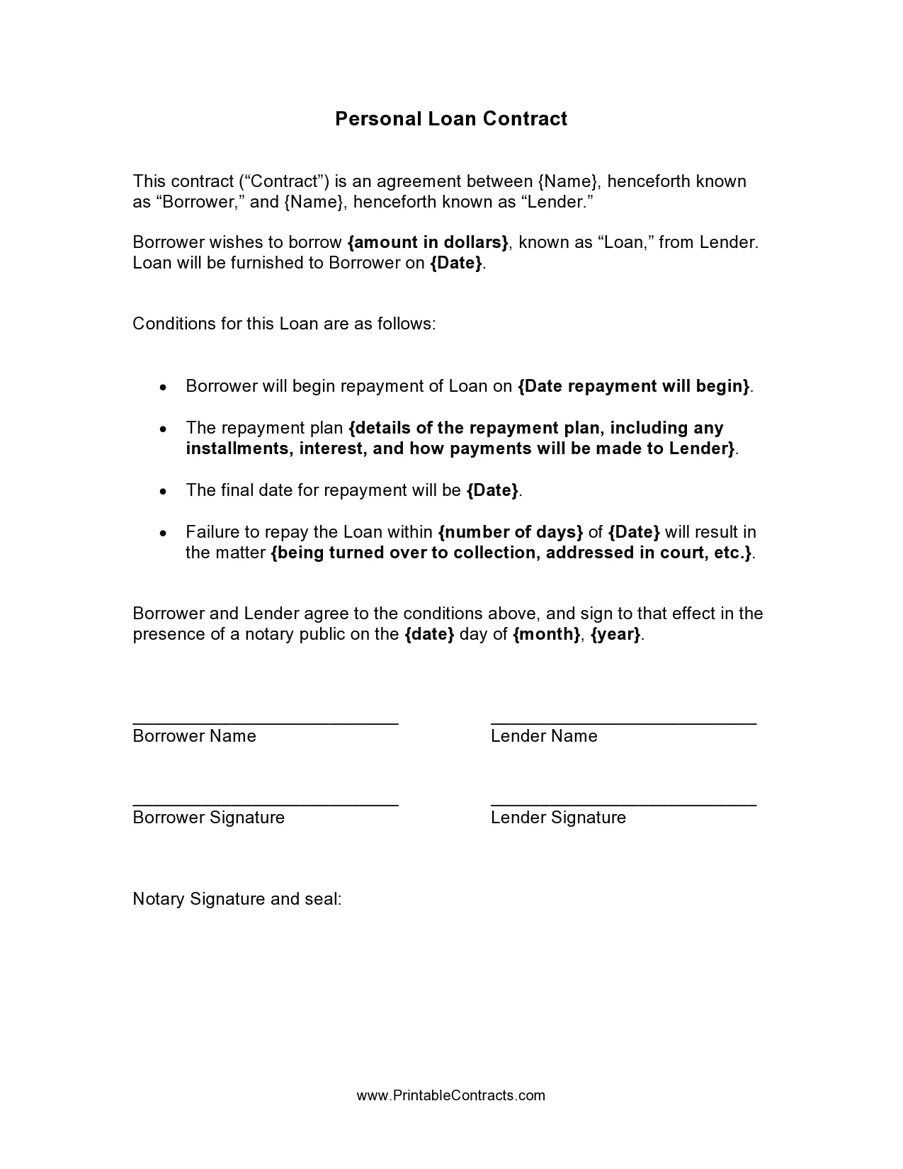 Personal Loan Note Template  DocTemplates