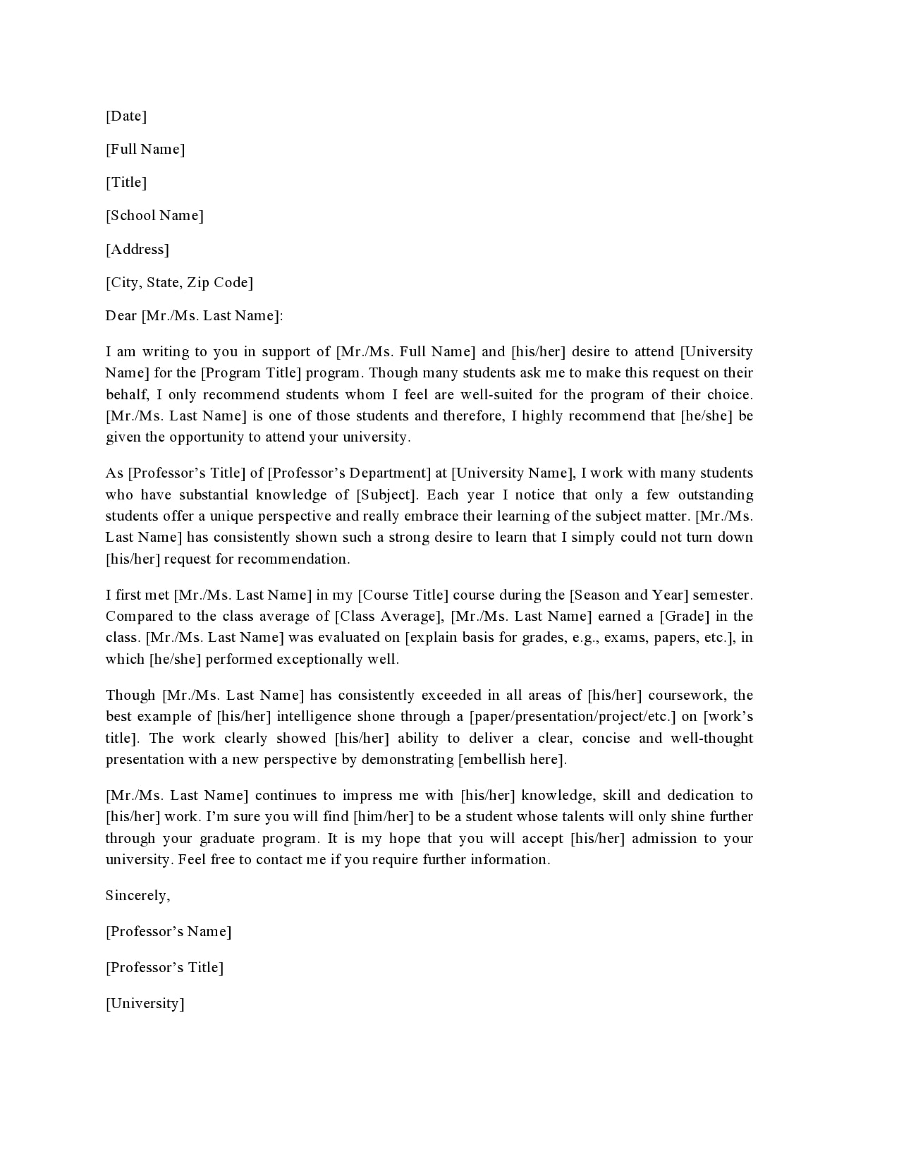 Recommendation Letter For Student From Professor from templatearchive.com