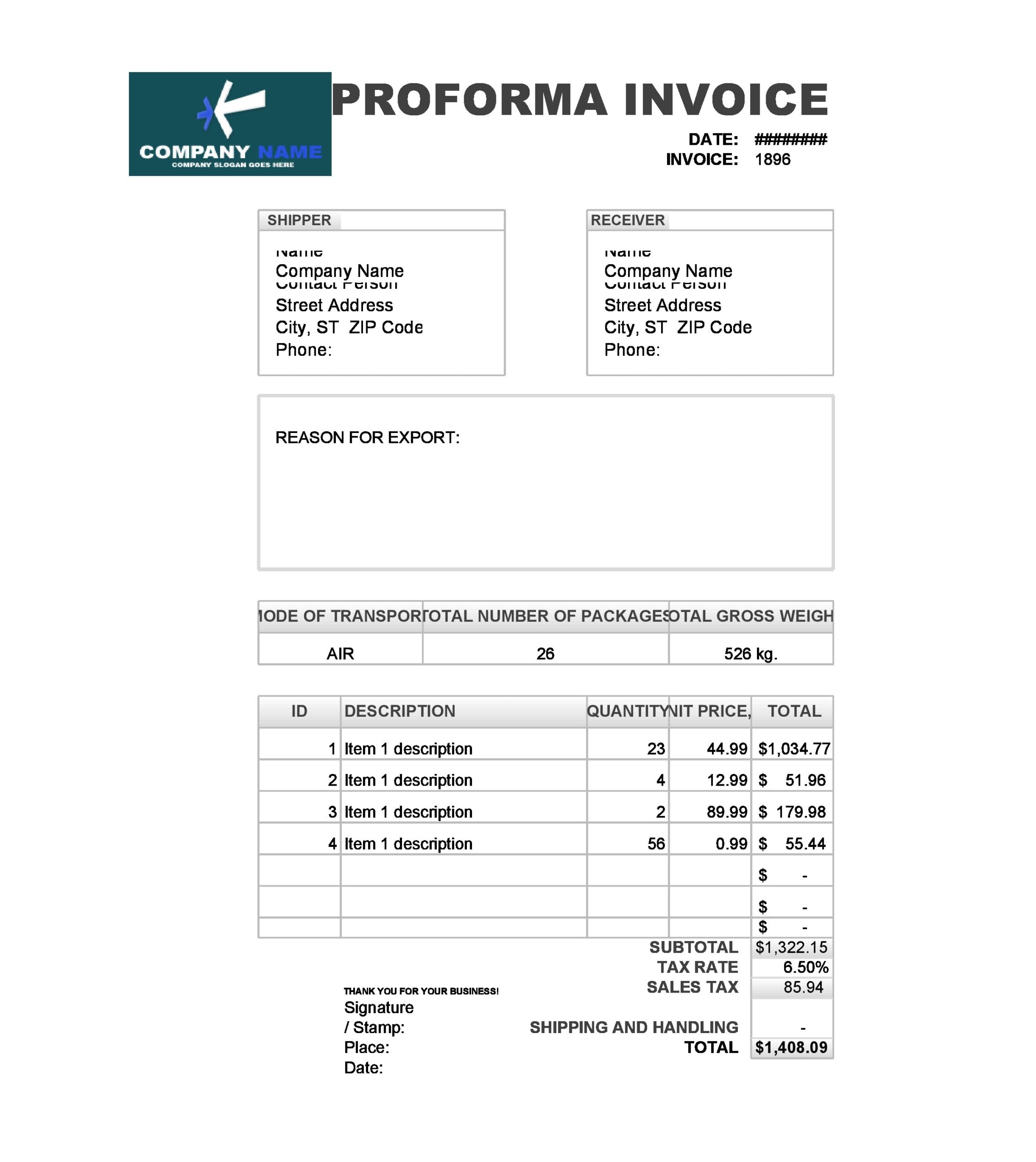downloadable simple proforma invoice template