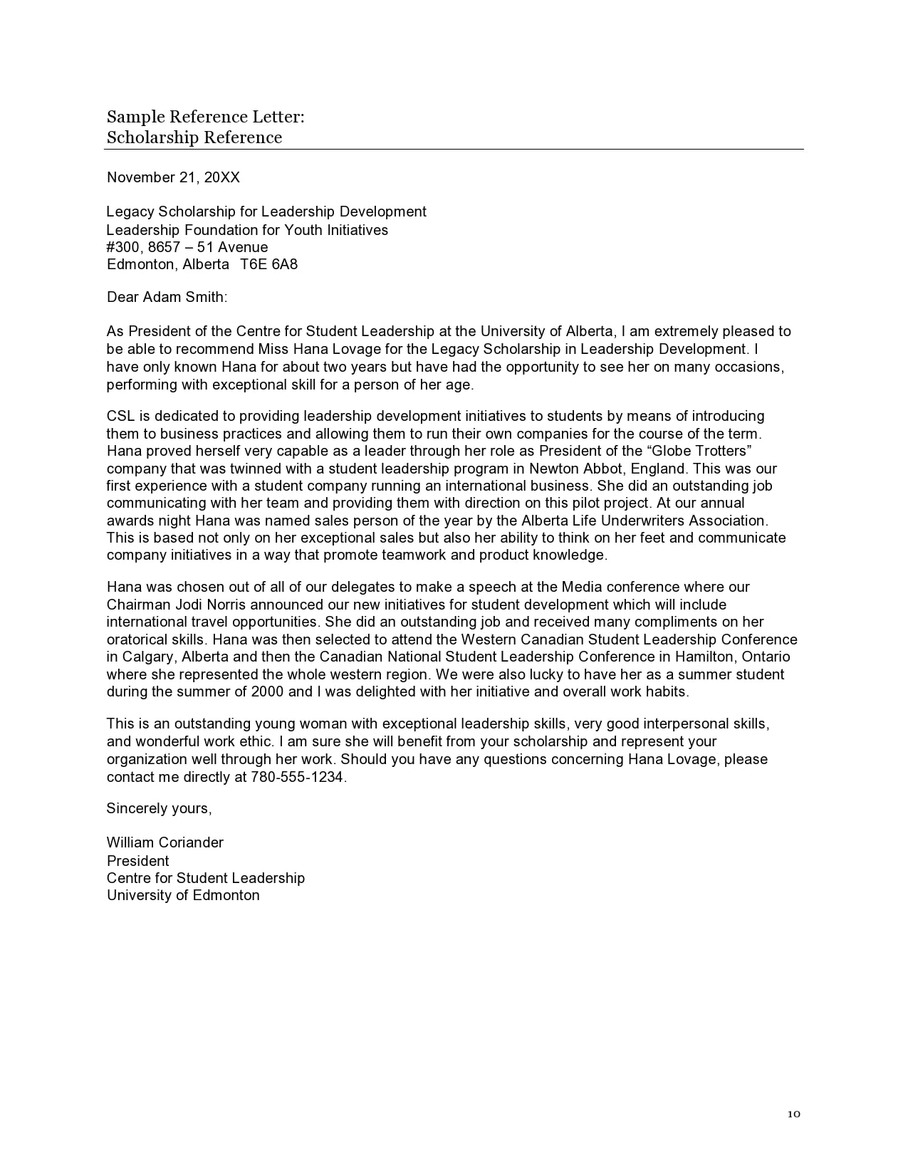 Scholarship Letter Of Recommendation Template