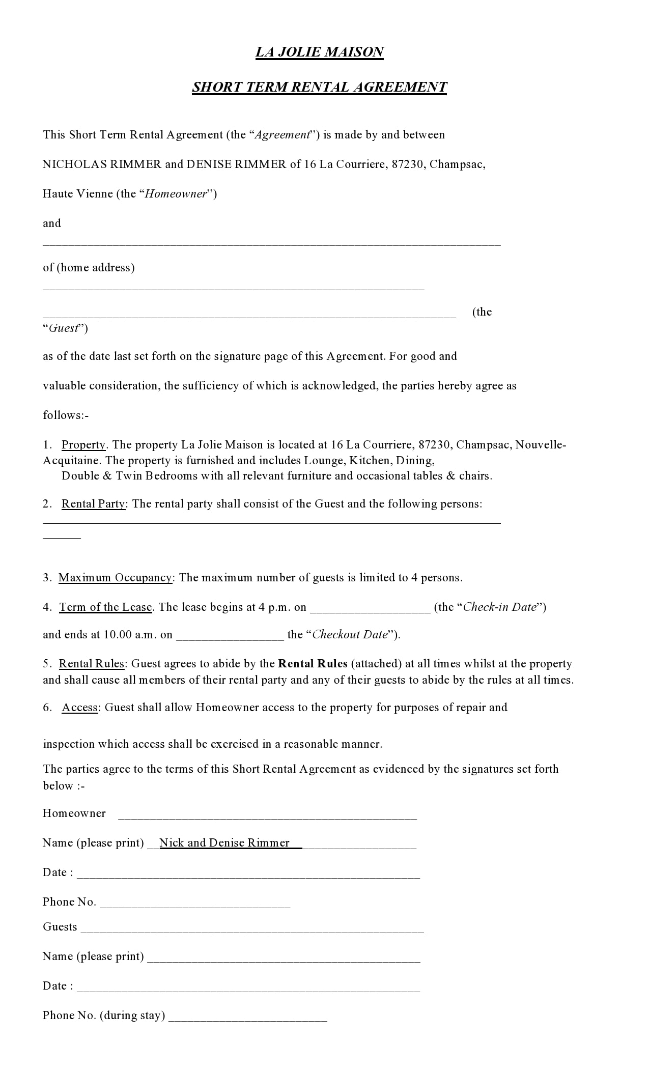 One Page Rental Agreement Template