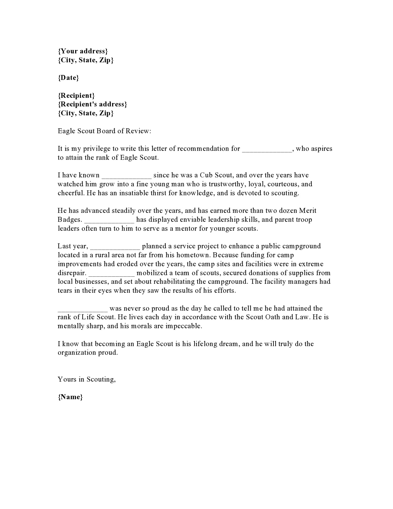 Eagle Scout Religious Letter Of Recommendation Example